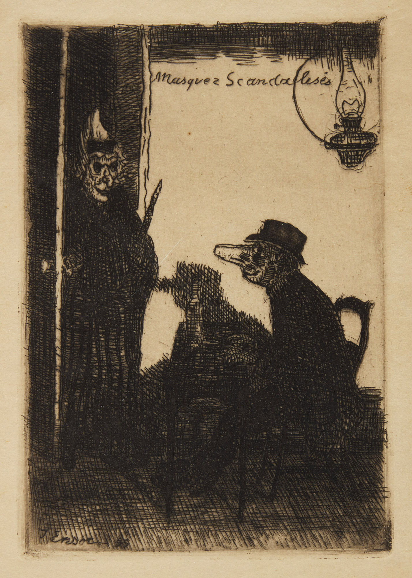 James Ensor, Les masques scandalisés, engraving, 1895