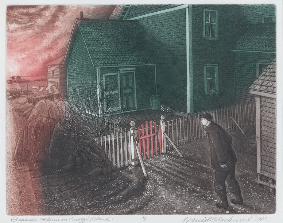 David Lloyd Blackwood, Granda Glover on Braggs Island, etching and aquatint