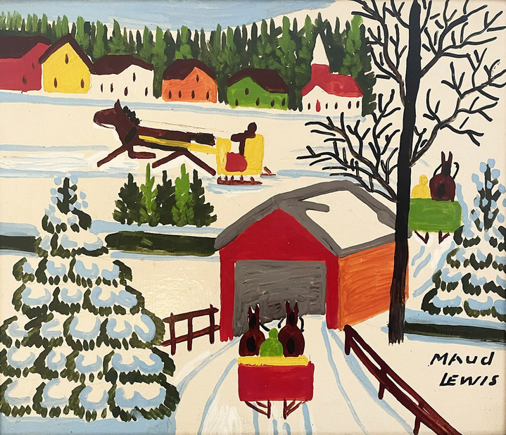 Maud Lewis, Winter Sleighing Scene with a Covered Bridge, mixed media on beaver board