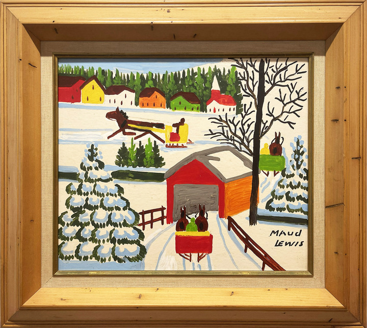 Maud Lewis, Winter Sleighing Scene with a Covered Bridge, mixed media on beaver board - view 2