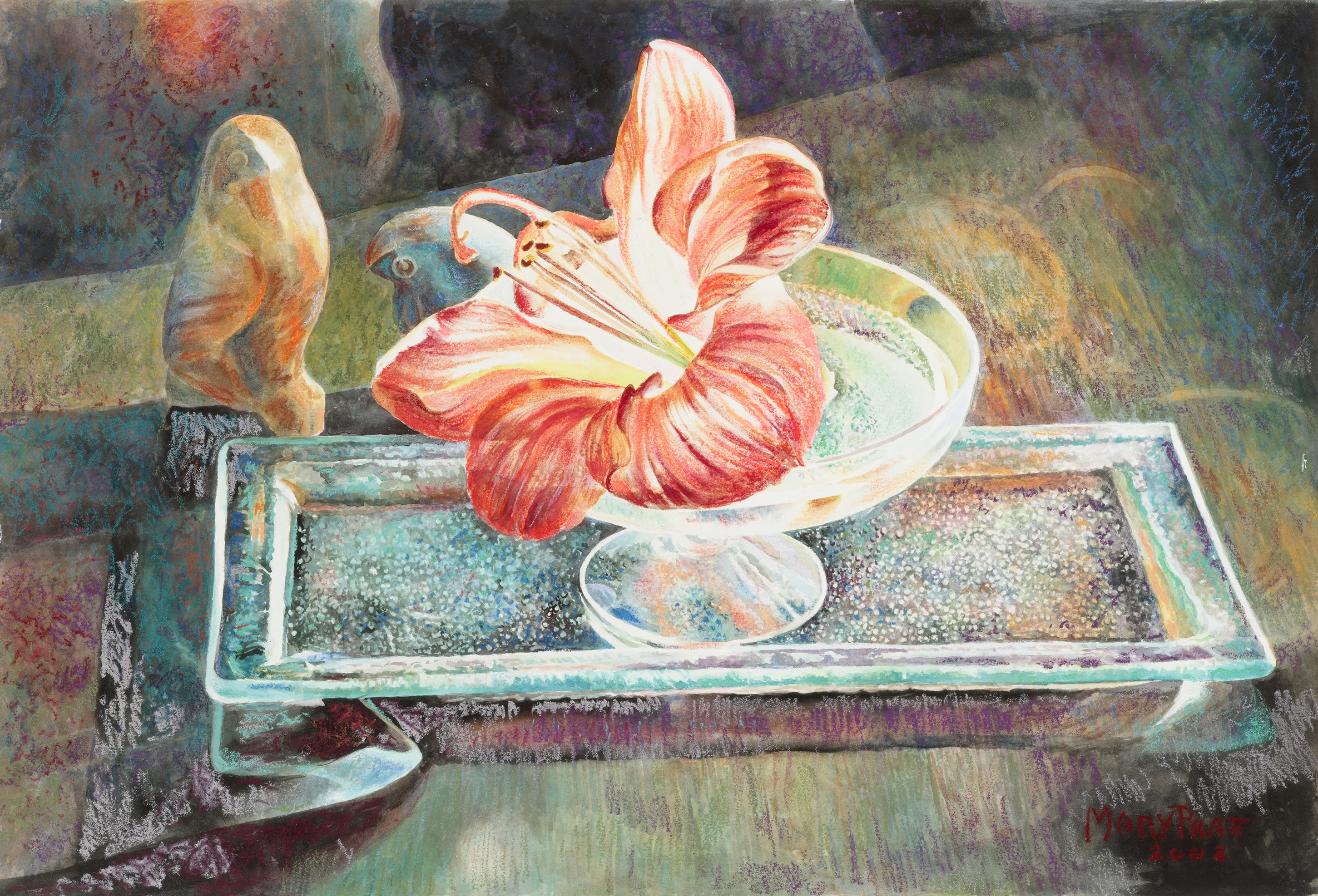 Amaryllis Flower with Two Stone Birds by Mary Pratt